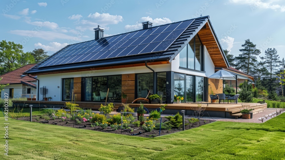 Modern house with solar panels and beautiful garden on a sunny day Modern house with solar panels and beautiful garden on a sunny day