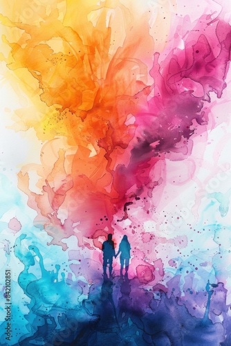 Watercolor Waves. Colourful Ink Illustration of Two Persons in a Sea with Expressive Waves