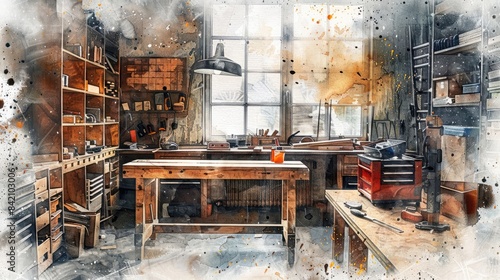 watercolor painting of a messy wood workshop with a large window