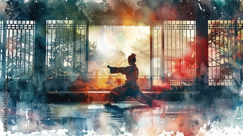 A watercolor painting of a man practicing kung fu in a temple.