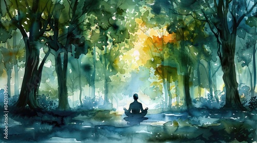 A watercolor painting of a person meditating in a forest.