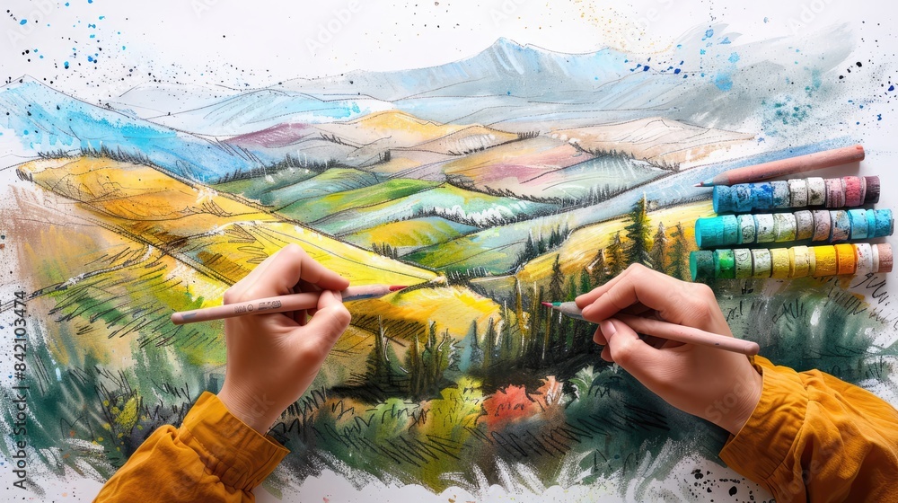 Obraz premium An artist's hands drawing a mountain landscape with soft pastels.