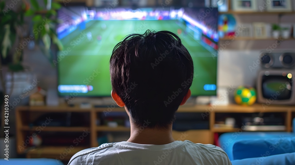 テレビでサッカーの試合を見る日本人の子供 テレビでサッカーの試合を見る日本人の子供