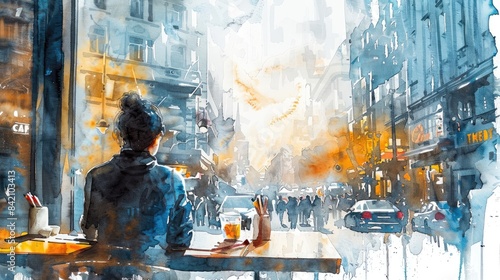 A woman is sitting in a cafe, looking out at the busy street. The painting is done in a loose watercolor style.