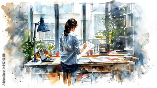 A woman standing in a home office looking out the window at a cityscape. On her desk are a laptop, lamp, books, and plants. The overall aesthetic is clean and modern. © pakbung