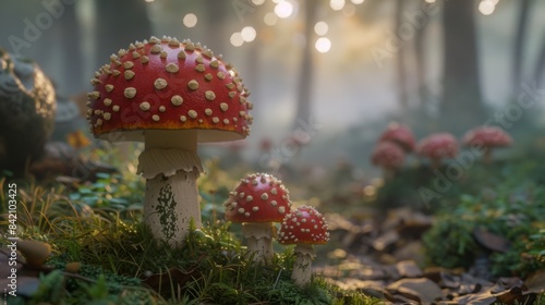 Enchanted Forest Scene with Amanita Mushrooms in Misty Light