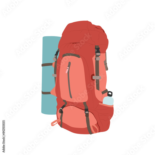 Travel bag. Red camping and hiking rucksack with sports mat. Journey and adventure baggage. Vector traveling backpack.