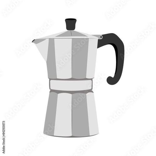 Italian metallic coffee maker isolated on white. Mocha coffee pot for making espresso coffee. Geyser coffee maker, Retro espresso machine symbol design.