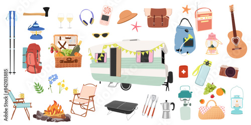 Tent, campfire, backpack, guitar, lamp, gas-burner, stump, signboard. Set of elements for Camping, traveling, trip, hiking, camper, nature, journey, campsite elements. Isolated vector illustration.