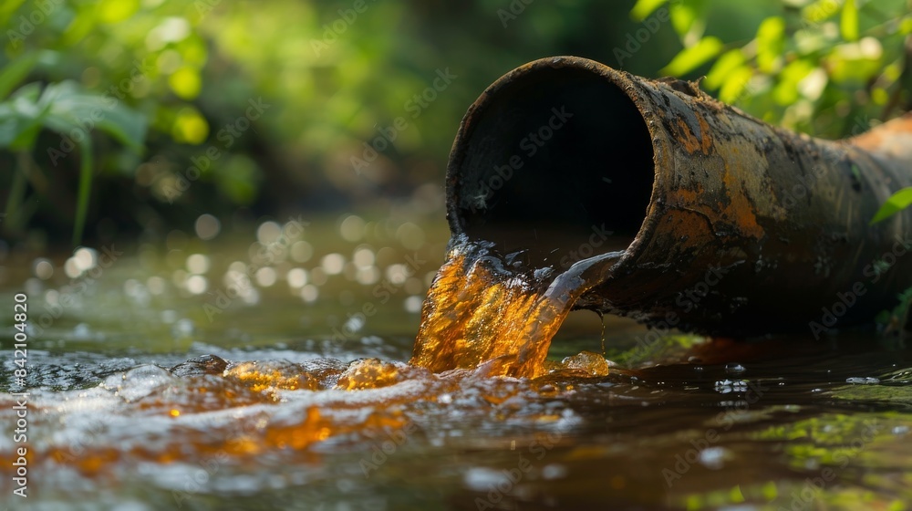 Rusty Pipe Discharging Waste Water Into Stream During Daytime