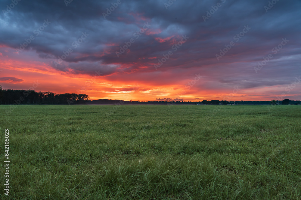 A breathtaking fiery sunset paints the sky in vibrant hues of orange and red with dramatic cloudscape over a vast green meadow in the Netherlands. A breathtaking fiery sunset paints the sky in vibrant hues of orange and red with dramatic cloudscape over a vast green meadow in the Netherlands.