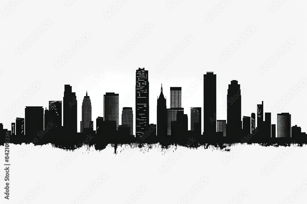 Black silhouette of a city skyline with tall buildings on white background Black silhouette of a city skyline with tall buildings on white background