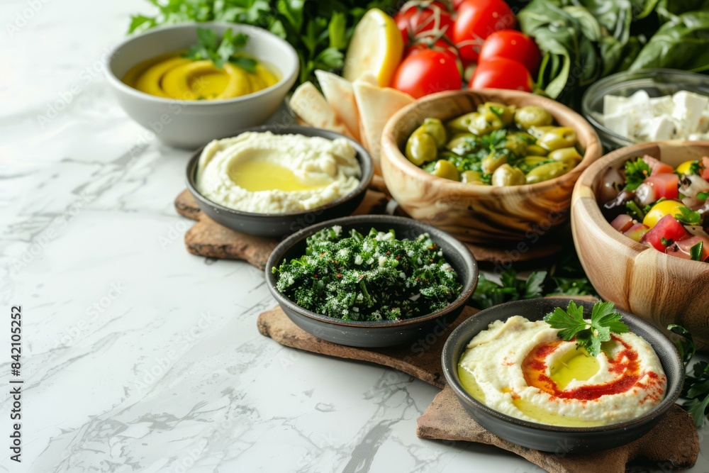 Assorted Mediterranean Dishes on Marble Table, Healthy and Fresh Food Concept Assorted Mediterranean Dishes on Marble Table, Healthy and Fresh Food Concept