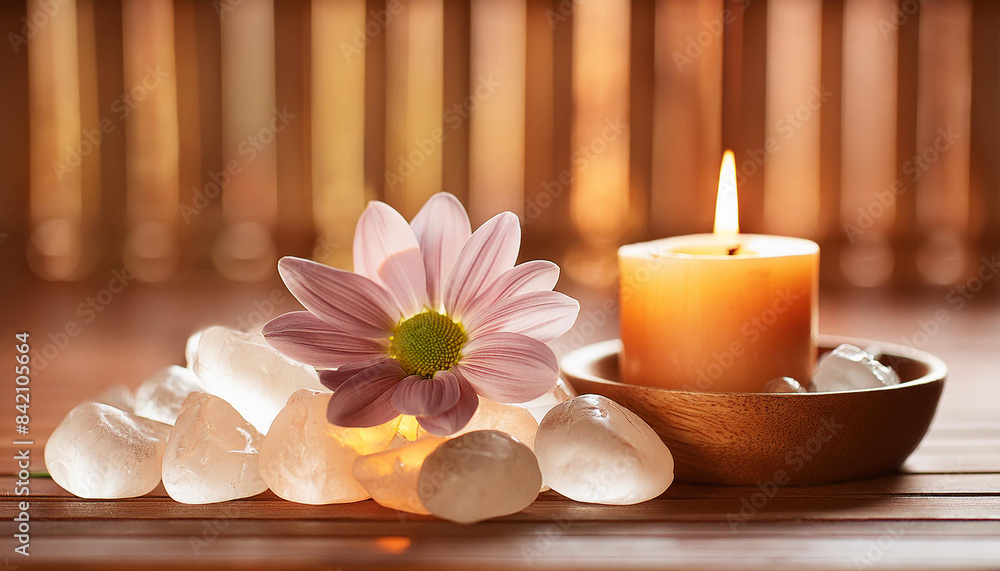 Hyaline quartz crystals, a candle and a flower composition. Warm colors and relaxing atmosphere. Crystal therapy, spa, holistic concept.
