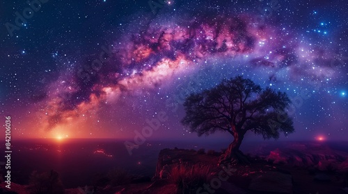 Milky Way Arches Over A Lone Tree On A Rocky Cliff  Bathing The Landscape In A Spectacular Display