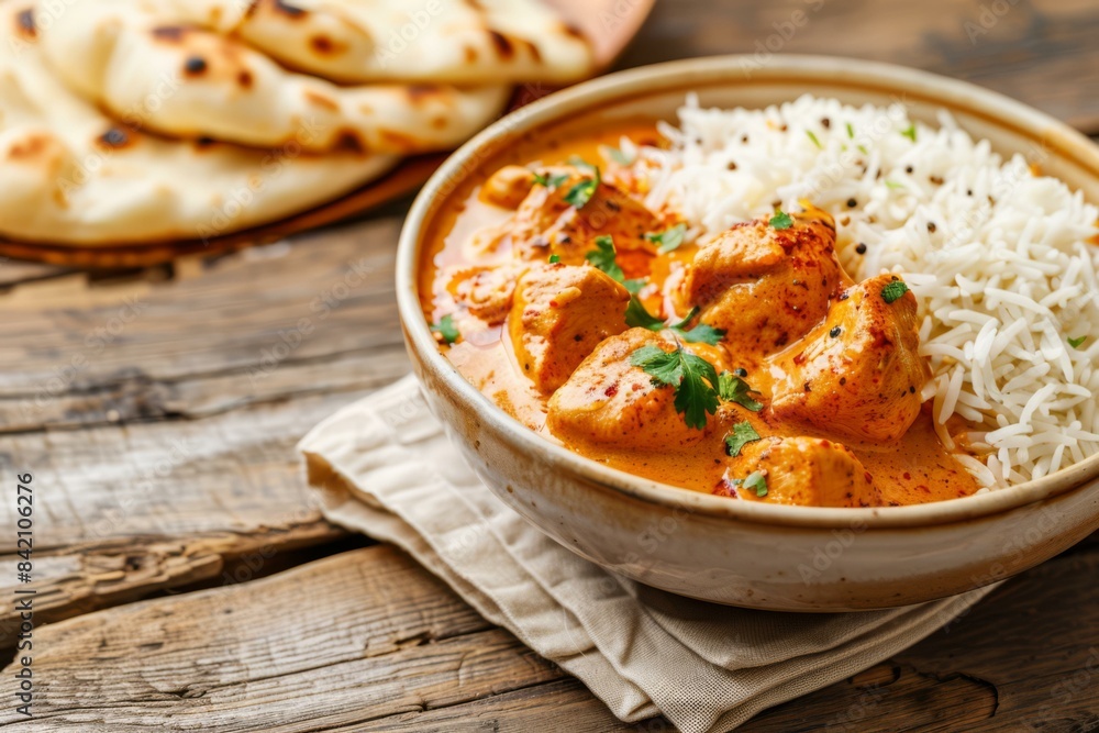 Delicious Butter Chicken with Basmati Rice and Naan Bread, Indian Cuisine Delicious Butter Chicken with Basmati Rice and Naan Bread, Indian Cuisine