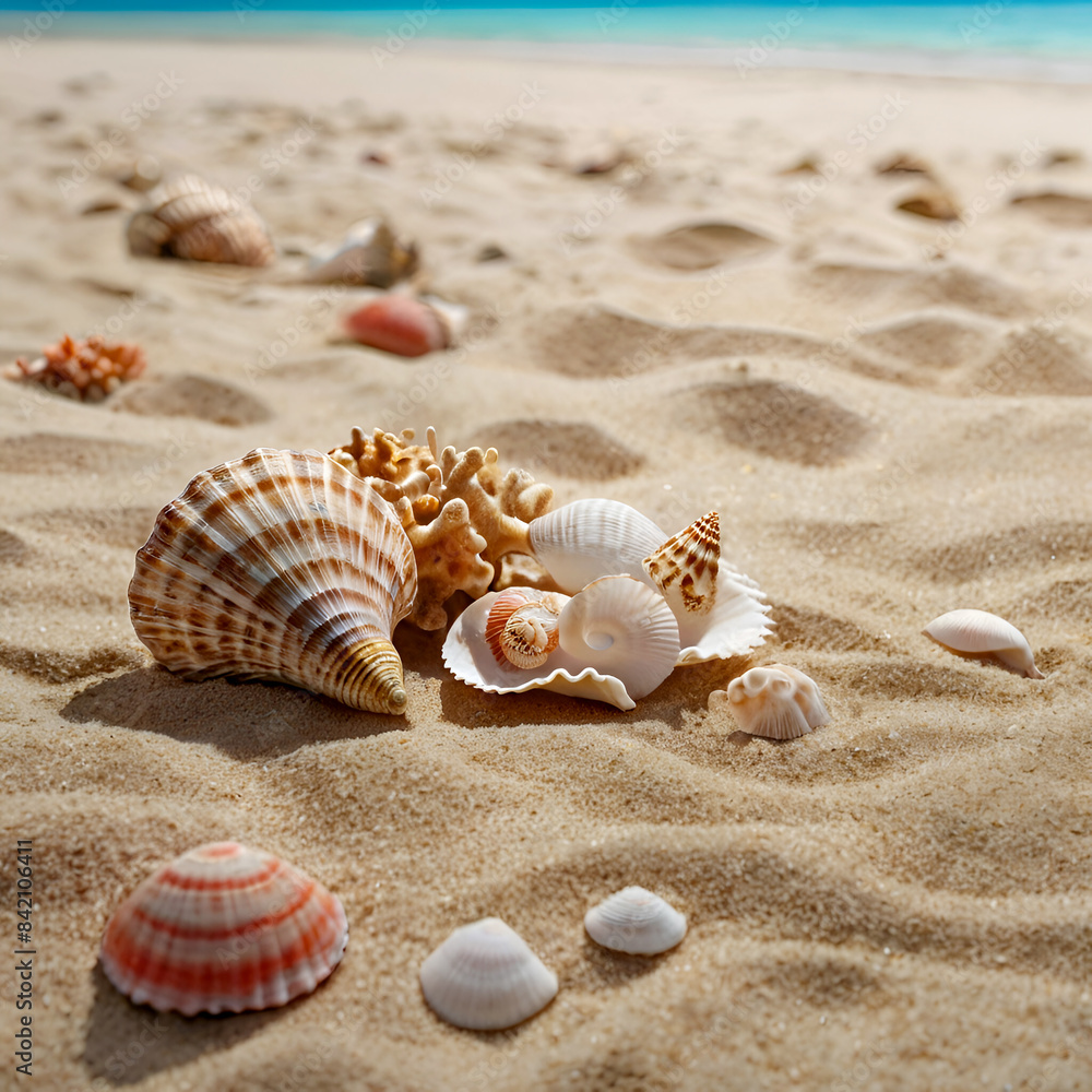 Shells and starfish lined with tropical beaches and white sand beaches, summer vacation concept background Shells and starfish lined with tropical beaches and white sand beaches, summer vacation concept background