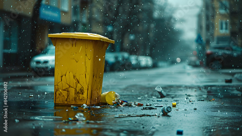 A yellow garbage bin on the street. with trash scattered around it and raindrops falling on them. In front of it is an empty city road 