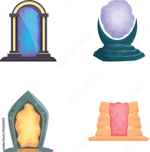 Collection of colorful magical portal icons with various shapes and mystical energy