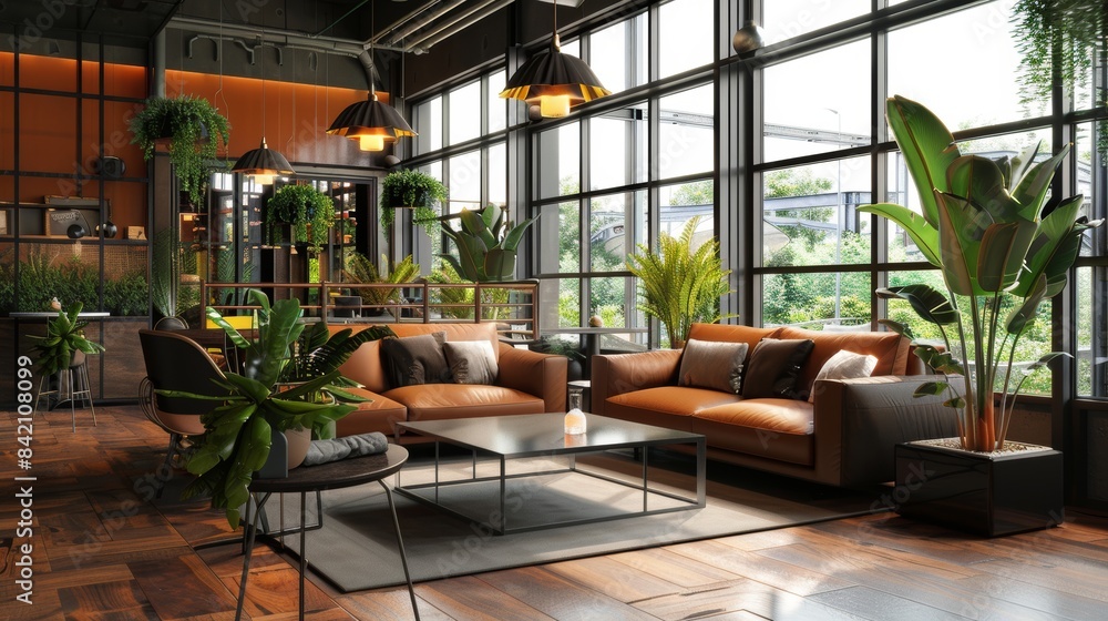 Chic and Inviting Coworking Lounge Modern Sofas Warm Lighting and Stylish Decor Create a Welcoming Atmosphere for Productivity and Collaboration Chic and Inviting Coworking Lounge Modern Sofas Warm Lighting and Stylish Decor Create a Welcoming Atmosphere for Productivity and Collaboration