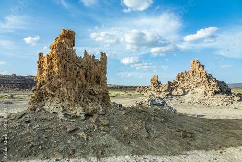 Prehistoric chimneys mineral rock formations, former bottom of the salt lake Abbe, Dikhil region, Djibouti photo