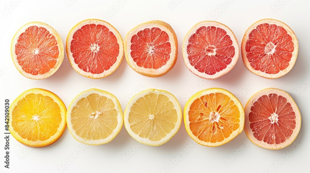Variety of grapefruit slices arranged on a white background Variety of grapefruit slices arranged on a white background