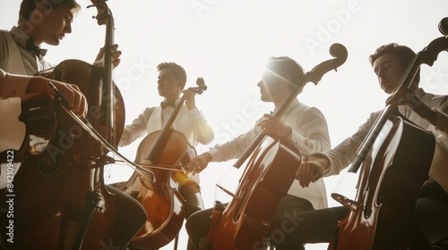 Four men playing cellos outdoors with the sun in the background. AIG535 photo