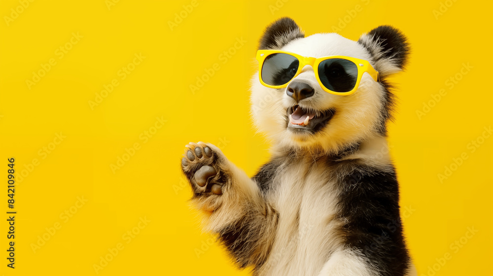 Obraz premium Stylish big Panda with trendy yellow sunglasses waves its hand.