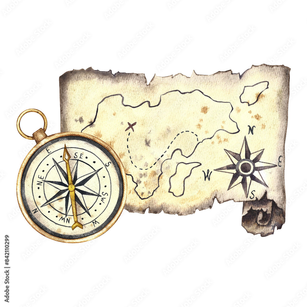 Treasure island. Antique compass and vintage map of the island ...