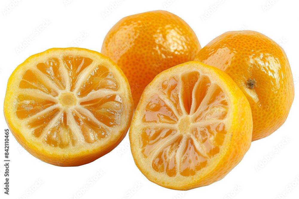 Close-up of vibrant, fresh kumquats with a halved fruit showing juicy interior. Perfect for healthy eating, transparent background Close-up of vibrant, fresh kumquats with a halved fruit showing juicy interior. Perfect for healthy eating, transparent background