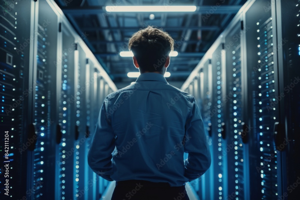Foto de Back view of an IT professional inspecting illuminated server ...