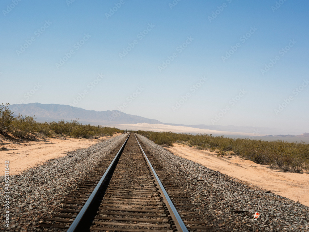 Fototapeta premium Long train tracks in Mojave Desert 