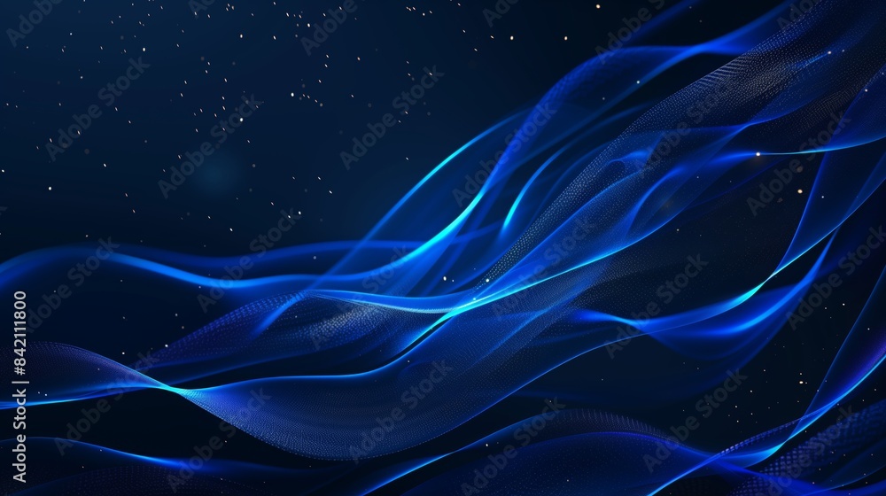 Fototapeta premium Abstract blue background with blurred wavy lines and glowing elements.