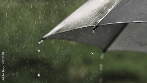 It is raining on black umbrella in summer rainy weather