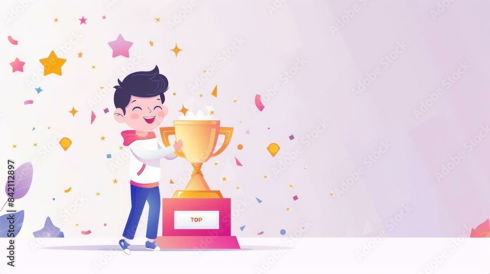Happy Child Holding Trophy on Pastel Purple Gradient Background with Stars, Celebration and Achievement Concept in Modern Minimalist Style Happy Child Holding Trophy on Pastel Purple Gradient Background with Stars, Celebration and Achievement Concept in Modern Minimalist Style