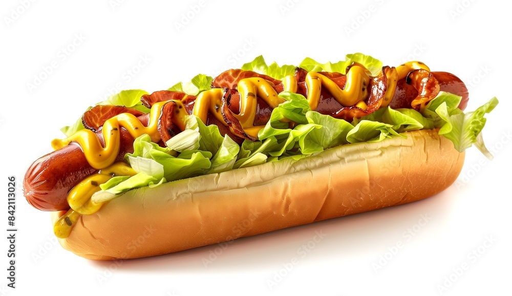 Appetizing hot dog with mustard, lettuce, and onions on a soft bun. Perfect for food blogs or culinary websites. Bright and vivid colors make this a great choice for promoting street food. . AI Appetizing hot dog with mustard, lettuce, and onions on a soft bun. Perfect for food blogs or culinary websites. Bright and vivid colors make this a great choice for promoting street food. . AI