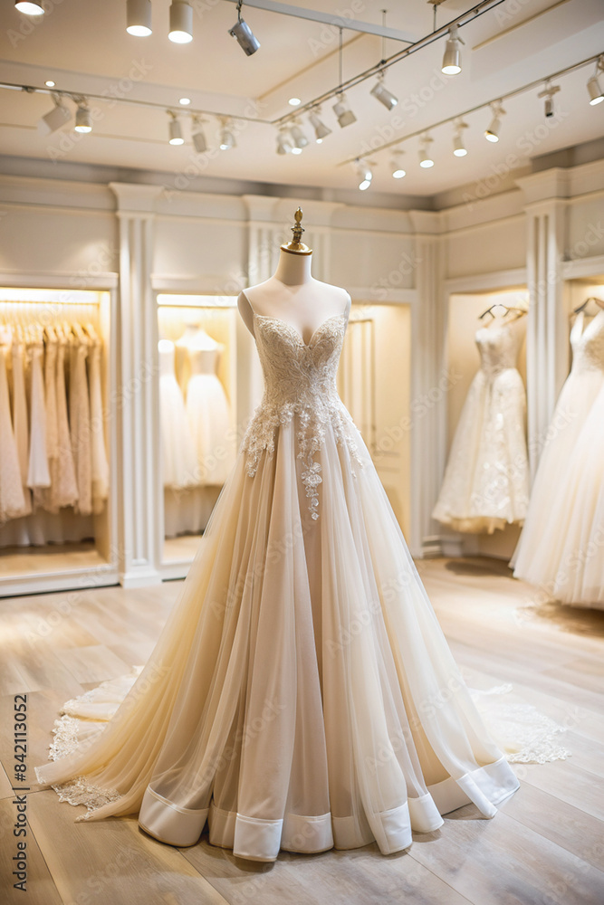 Beautiful elegant beige wedding dress on mannequin in bridal shop boutique salon. Interior of luxury wedding shop with bridal dresses. Selective focus. Vertical Beautiful elegant beige wedding dress on mannequin in bridal shop boutique salon. Interior of luxury wedding shop with bridal dresses. Selective focus. Vertical