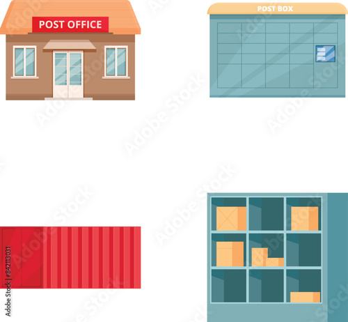 Set of four flat design postal icons featuring post office, post box, package, and mail slots