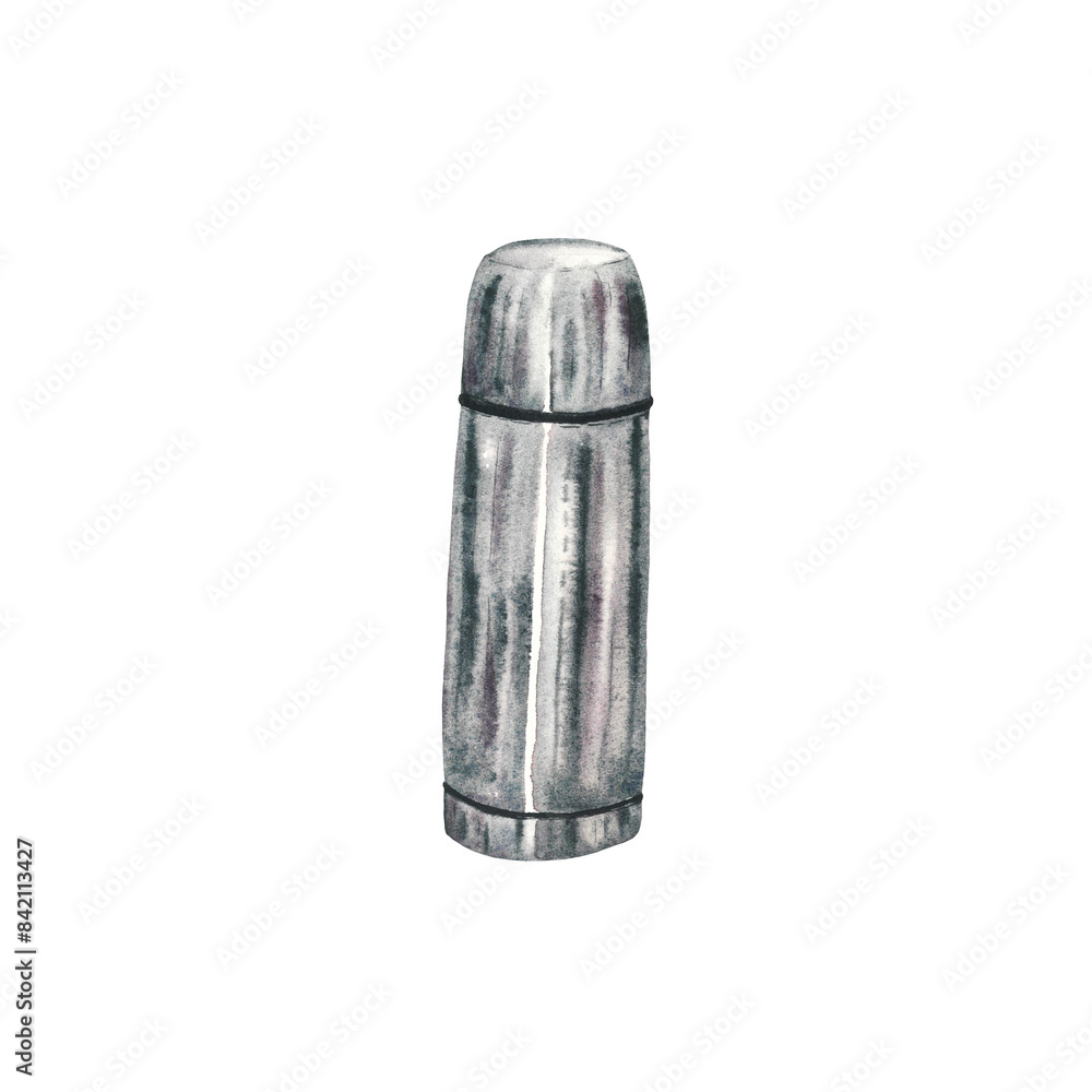 Metal watercolor camping thermos. Hand drawn illustration isolated on white background for travel or adventure. Stainless steel thermo cup for hot tea. Realistic thermal container template design Metal watercolor camping thermos. Hand drawn illustration isolated on white background for travel or adventure. Stainless steel thermo cup for hot tea. Realistic thermal container template design