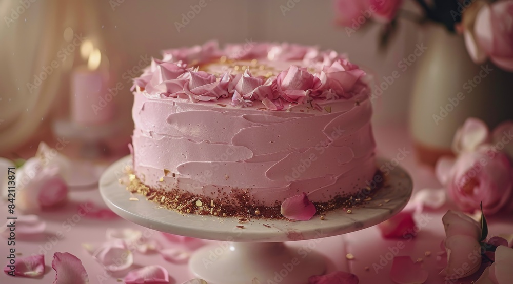 Pink Rose Cake With Gold Sprinkles On A Cake Stand Pink Rose Cake With Gold Sprinkles On A Cake Stand