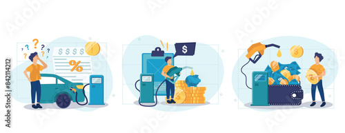 A set of scenes for web apps for save of money and fuel economy. People on gas station filling up petrol into cars and spends too much money on gasoline. Vector illustrations.