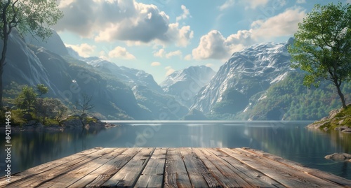 Wooden Dock Overlooking Tranquil Mountain Lake on a Sunny Day