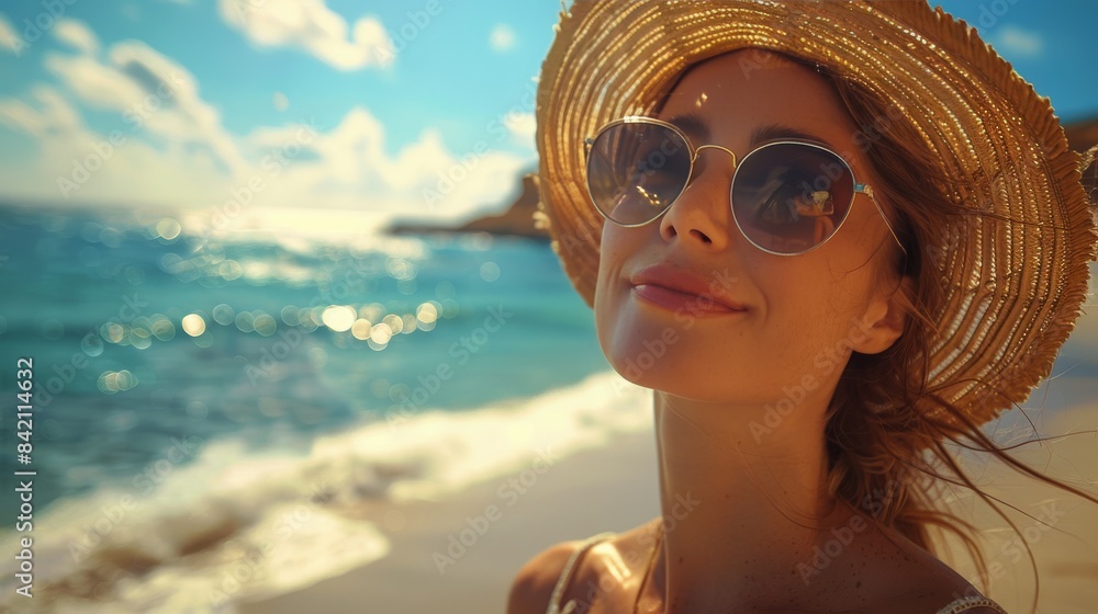 Woman Wearing Sunglasses and a Straw Hat Relaxing on a Beach Woman Wearing Sunglasses and a Straw Hat Relaxing on a Beach