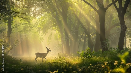 Sunlit Deer in Misty Forest Scene © AnimalAI