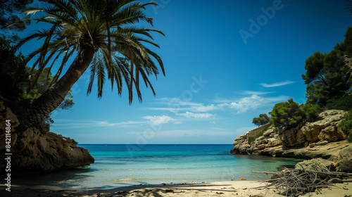 A beautiful beach with a palm tree in the foreground