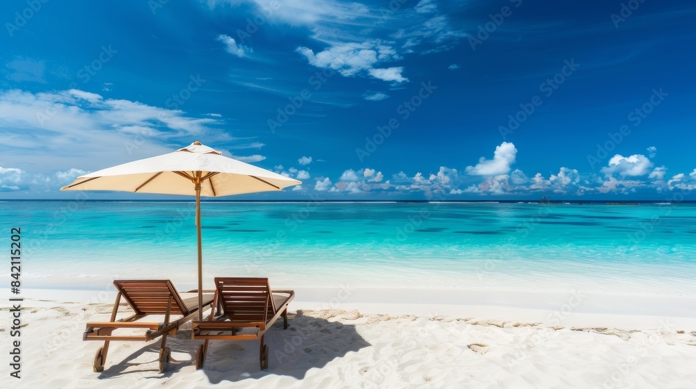 Obraz premium Peaceful Beach Scene with Two Chairs and Umbrella on Sandy Shore Under Blue Sky. Scenic Beach Landscape Perfect for Vacation and Travel Advertising. Serene Coastal Image for Relaxing Atmosphere. AI