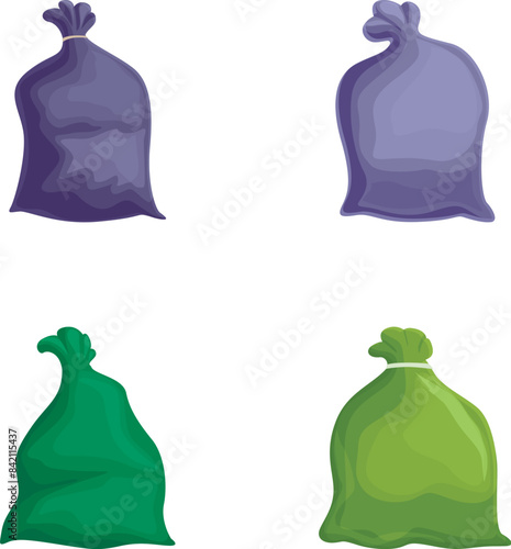 Vector illustration of four colorful trash bags in purple and green hues, isolated on white