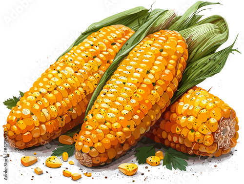 Three yellow corn cobs with green leaves on top. The corn is seasoned and looks delicious. The image has a warm and inviting mood