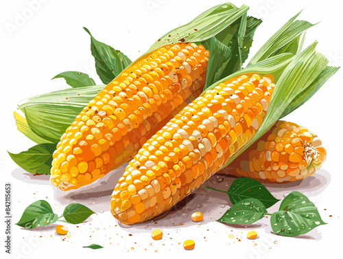 Three yellow corn cobs with green leaves on top. The corn is fresh and ready to be eaten