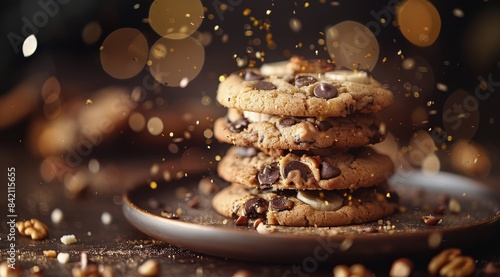 Closeup of Chocolate Chip Cookies With Nuts and Powdered Sugar on a Plate